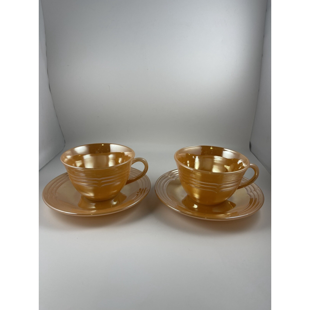 Vintage Anchor Hocking Fire King Peach Luster Three Band - 2 Teacup/Saucer Sets